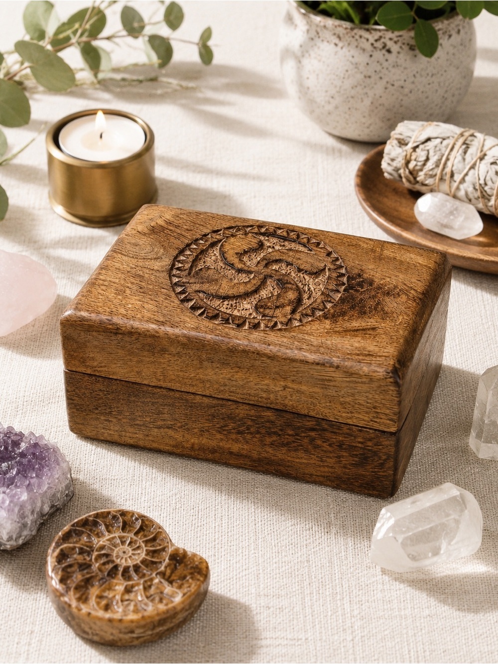 Solid Wood Engraved Trinket Box | Rustic Jewelry Storage | Hinged Keepsake Box